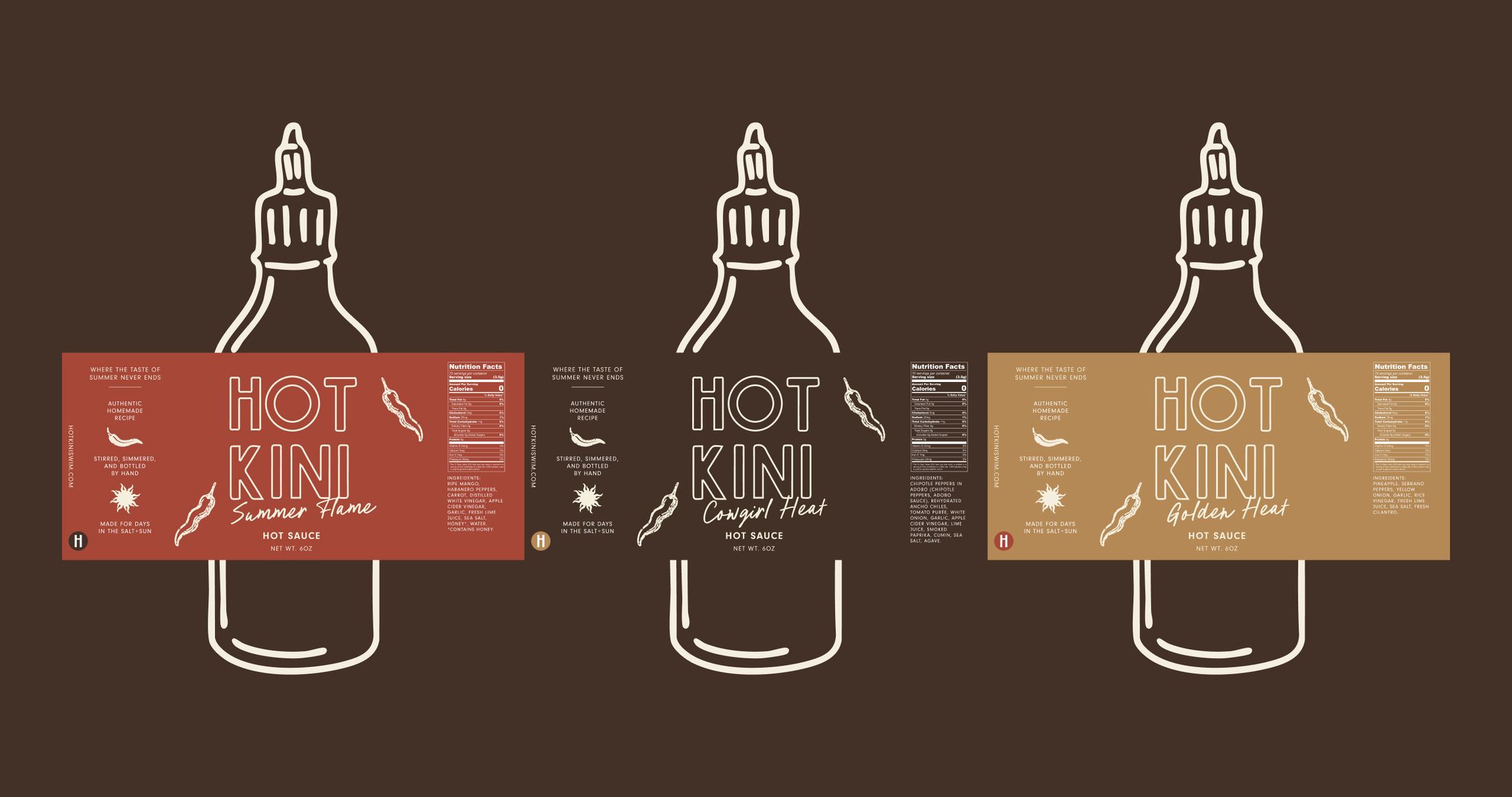 Hot Kini — hot sauce brand identity, label design and packaging system