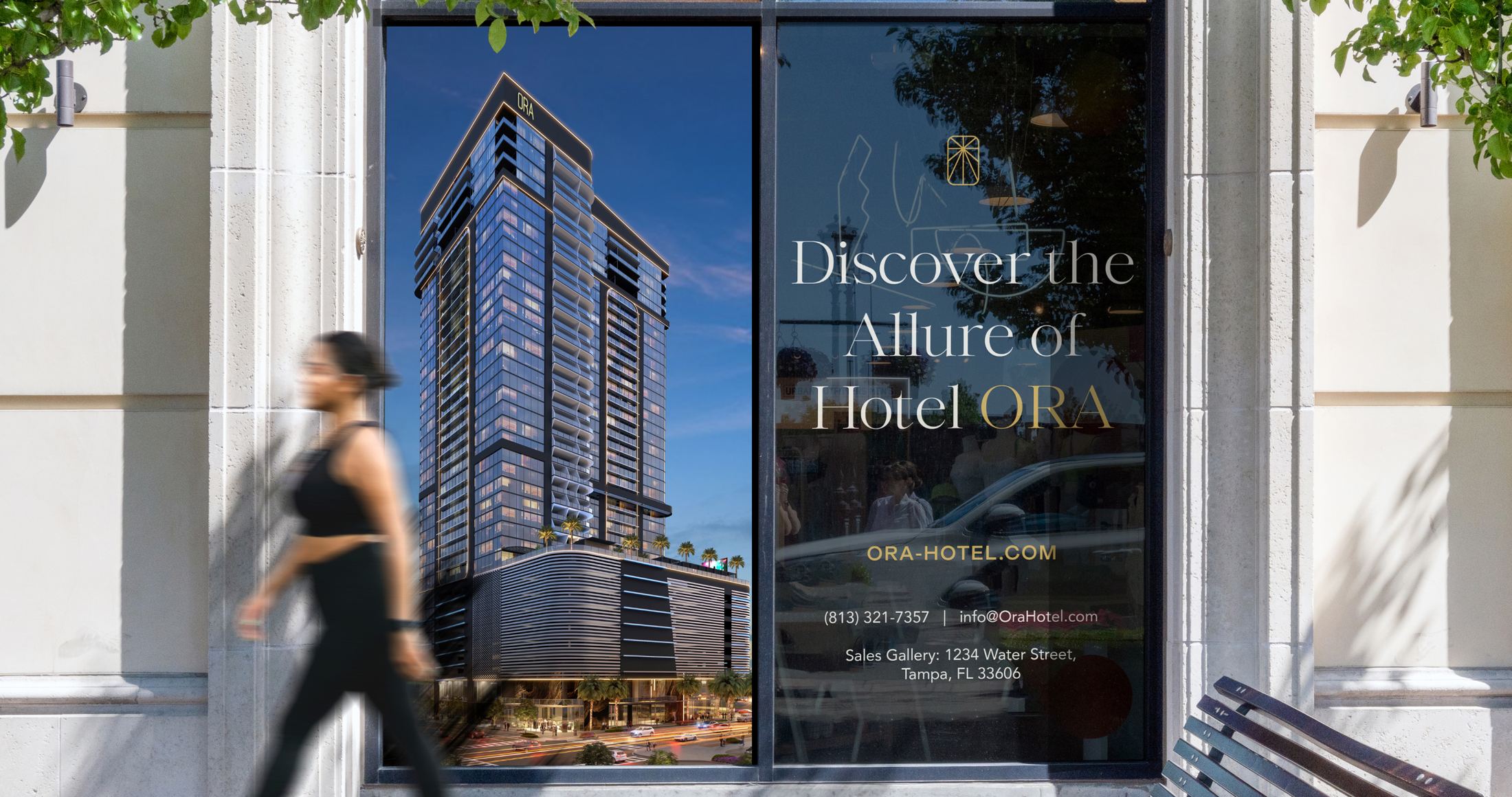 ORA Hotel + Residences — brand identity, collateral and sales gallery signage, Tampa