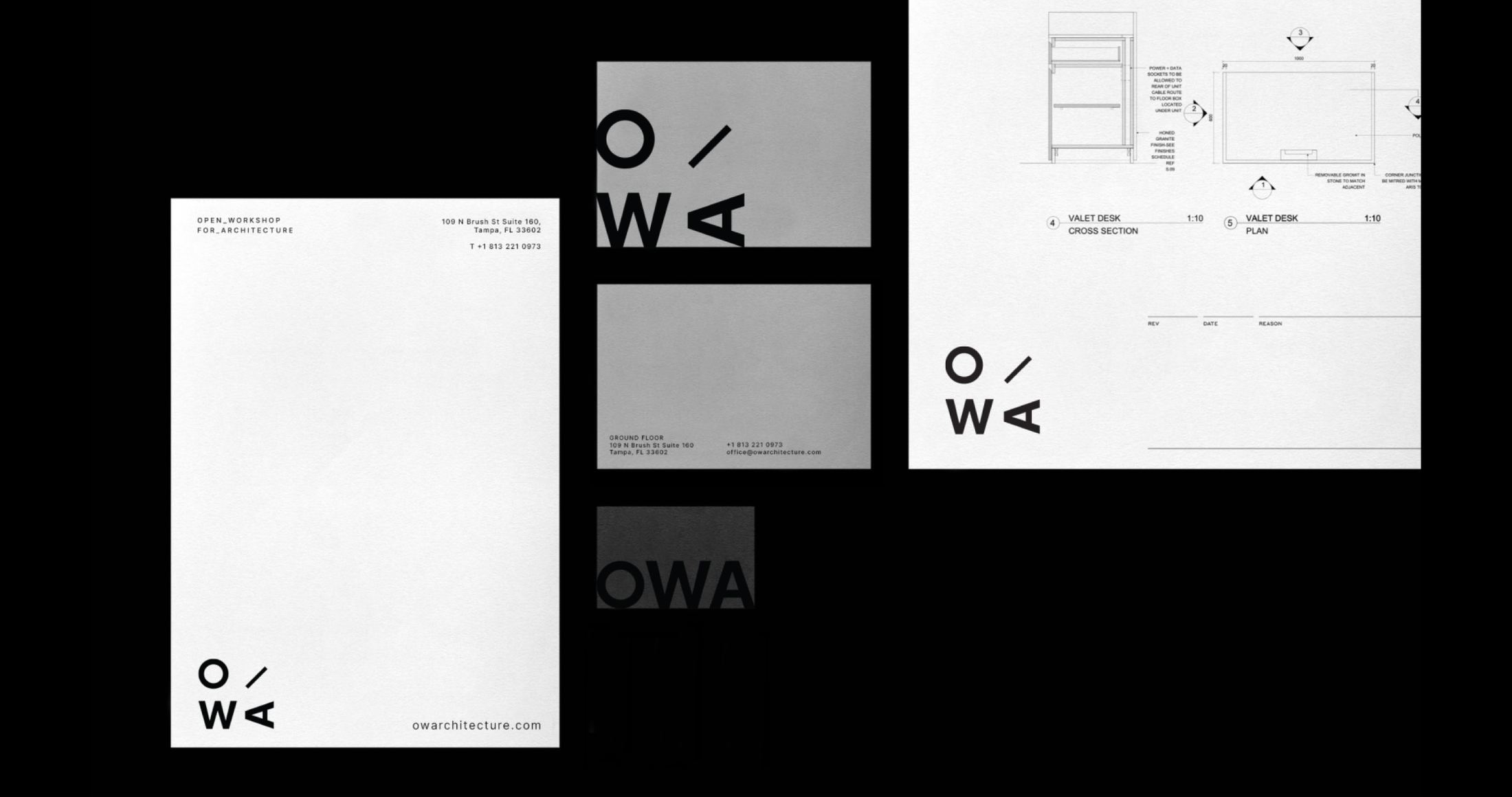OWA — Open Workshop for Architecture brand identity and stationery system